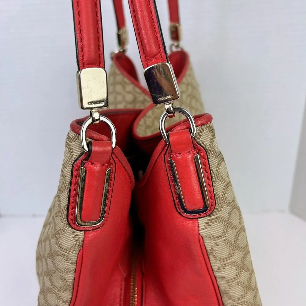 Coach Madison Needlepoint Op Art Shoulder Bag Phoebe Coral Red Monogram Logo